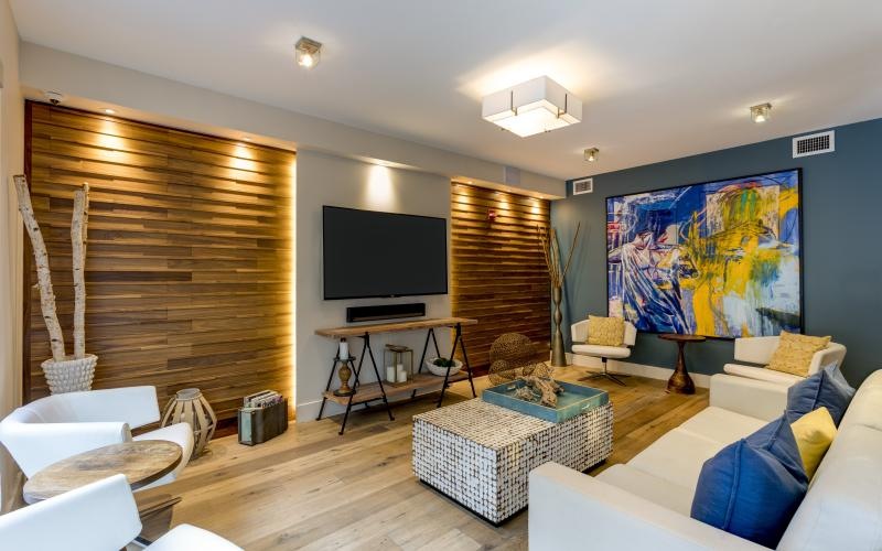 a living room with a large television