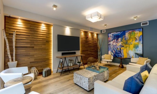 a living room with a large television